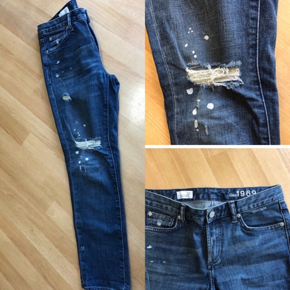 Gap skinny jean sz 27 rip/ paint splattered detail
